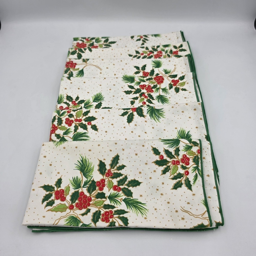6~Vtg Decor Home Fashions Holly Leaf & Berry‎ Dinner Table Napkins USA 19"x18"